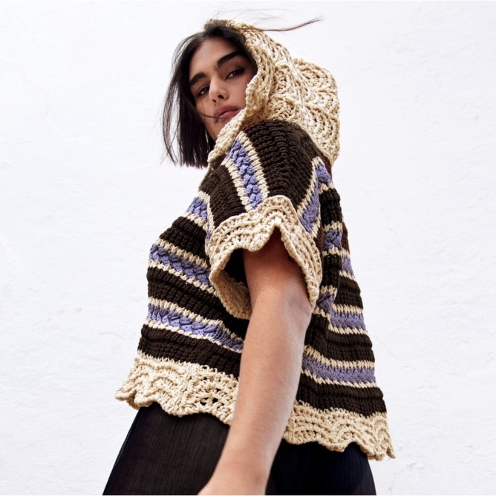 New Zara Crochet Knit Hooded Short Sleeve Sweater - Picture 8 of 8